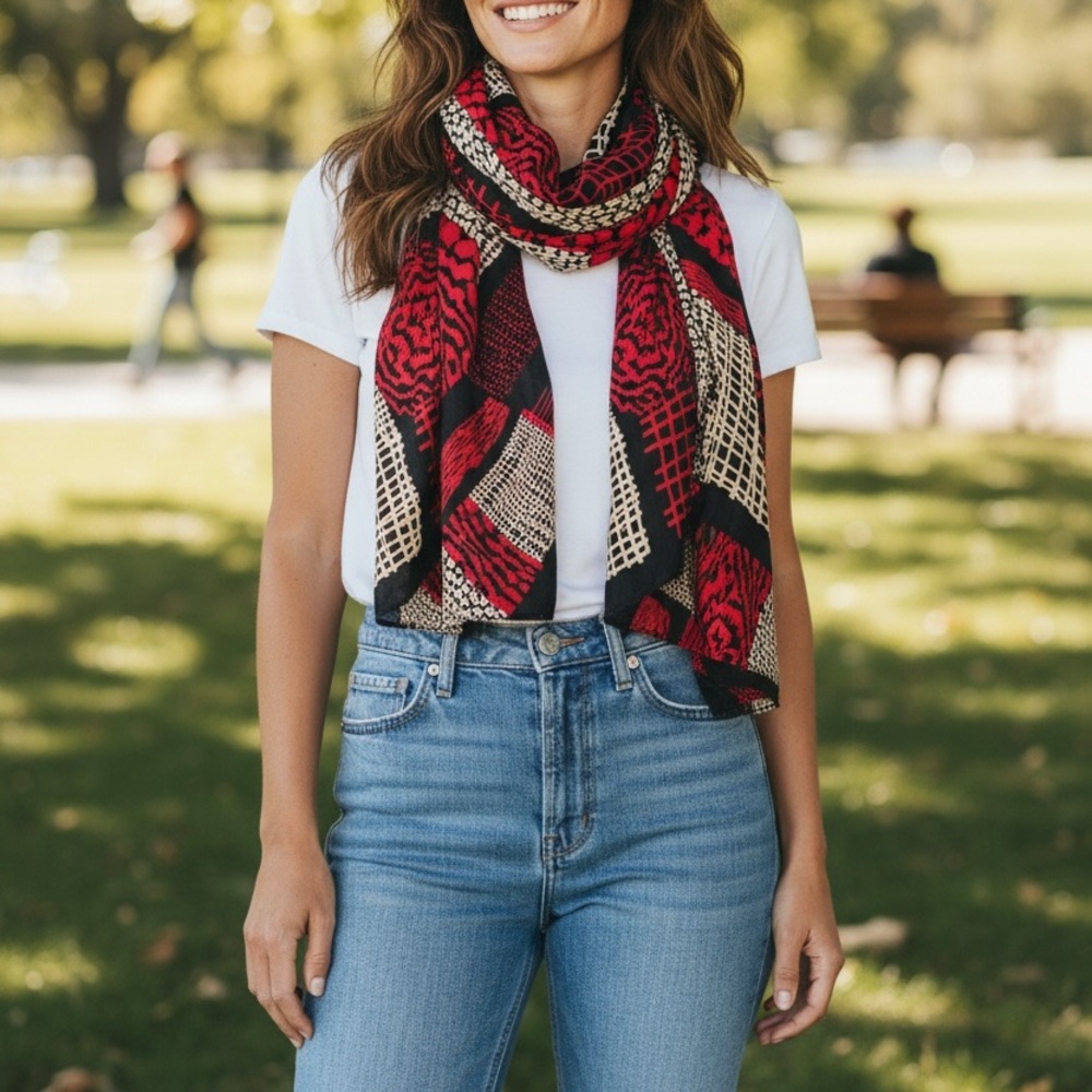 Essential Classics Red Black Tan Silk Patterned Women's Scarf Stylish Lightwt